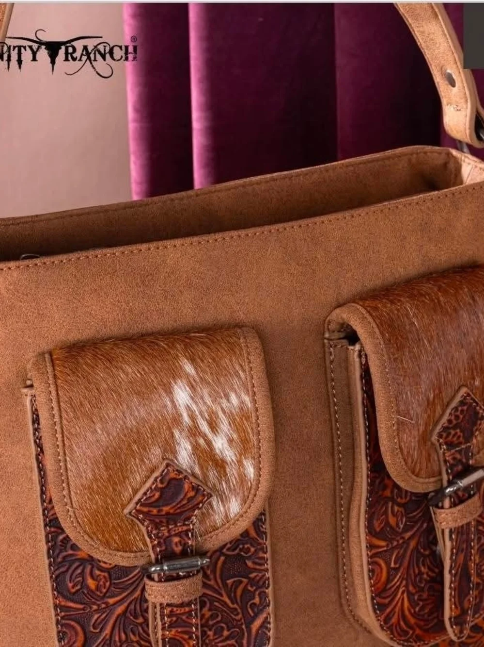 Trinity Ranch Tan Tooled Leather Hair On CCW Hobo Bag